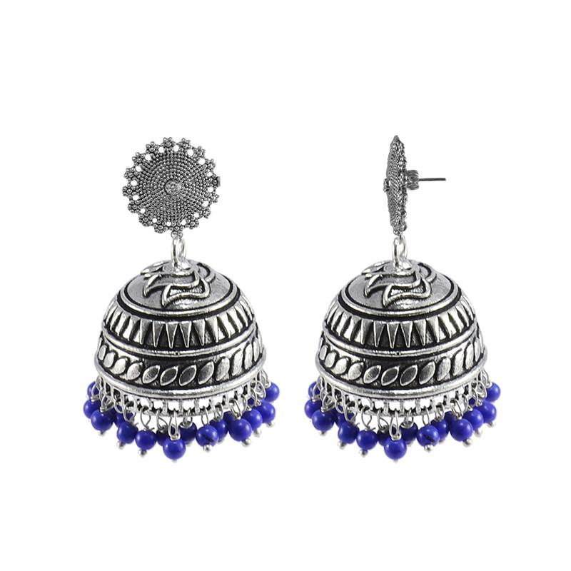 Jaipuri Floral Jhumki Studs-Indian Jewellery-Big Tribal Earrings With Blue Lapis
