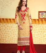 Beige Cotton Embroidered Straight Suit Dress Material