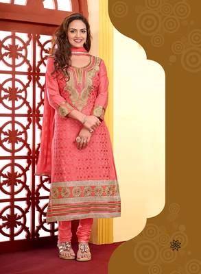 Light red cotton embroidered Straight Suit Dress Material 1