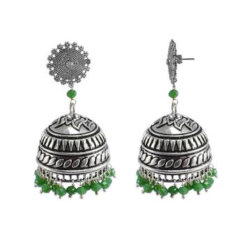 Seductive 29.2 Grams Handmade Alloy Oxidized 3 Mm Green Crystals And Floral Jhumki Jewellery 1
