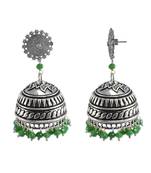 Seductive 29.2 Grams Handmade Alloy Oxidized 3 Mm Green Crystals And Floral Jhumki Jewellery