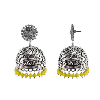 Large Vintage Tribal Jewellery-Yellow Crystal Dangle Earrings-Floral Jhumki With Beautiful Beads- 1
