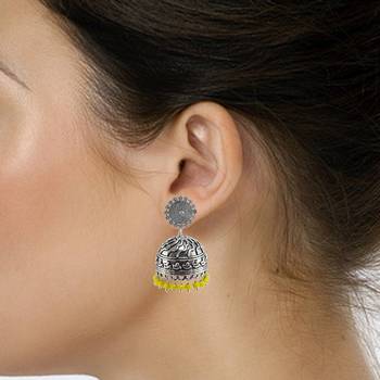 Large Vintage Tribal Jewellery-Yellow Crystal Dangle Earrings-Floral Jhumki With Beautiful Beads- 2