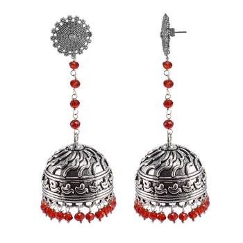 Large Statement Jhumka-Tribal Earrings-Red Crystal Beads And Floral Jhumki-Tribal Jewellery- 1