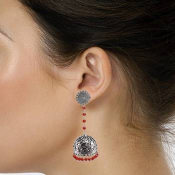 Large Statement Jhumka-Tribal Earrings-Red Crystal Beads And Floral Jhumki-Tribal Jewellery- 2