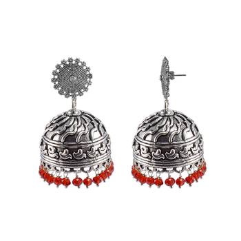Antique Jaipuri Style Oxidized Red Beads And Floral Jhumki Dome Shaped Earrings-Jaipuri Night- 1
