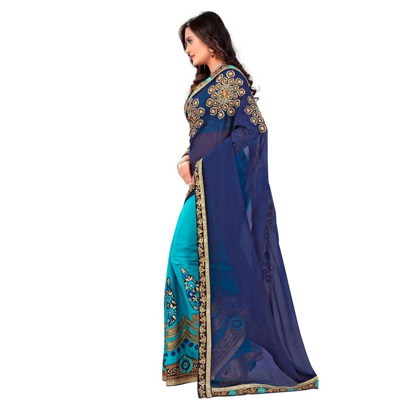 Blue and light blue embroidered saree with blouse