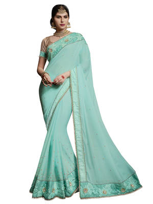 cyan embroidered satin saree with blouse 1
