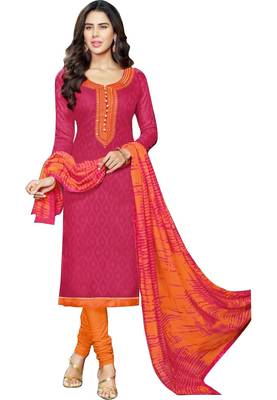 Pink embroidered cotton unstitched salwar with dupatta 1