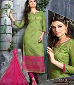 Green embroidered chanderi unstitched salwar with dupatta