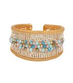 Natural Beads and Rhinestones Italian Designer Cuffs-Aqua Beaded Golden Cuff