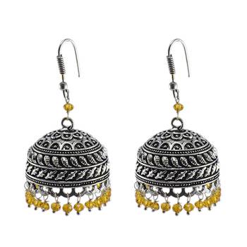 Quartz Gemstone Jhumka Style Earrings With Oxidized Polish And Pink Crystals-Jaipur Grace 1
