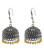 Quartz Gemstone Jhumka Style Earrings With Oxidized Polish And Pink Crystals-Jaipur Grace