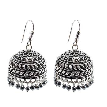Quartz Gemstone Jaipuri Jhumka-Oxidized Jhumkai- Dome Shaped Mandmade Coral Dangle Chandelier Earring- 1
