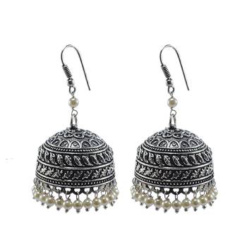 Pearl Gemstone Oxidized Handmade Jhumka Earrings-Tribal Jewellery-Jaipur Jhumki 1