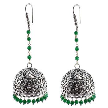 Quartz Gemstone Jaipuri Jhumki-Ethnic Jewelry-Oxidized Jhumka Earrings With Green Beads 1