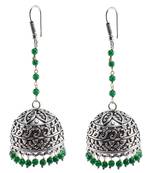 Quartz Gemstone Jaipuri Jhumki-Ethnic Jewelry-Oxidized Jhumka Earrings With Green Beads
