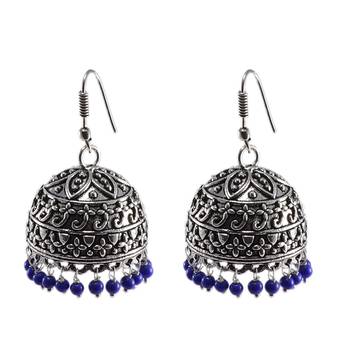 Quartz Gemstone Wire Wrapped Beaded Jhumka Earrings, Urban Tribal Reconstituted Lapis Danglers- 1