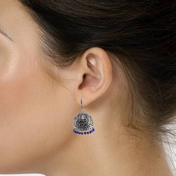 Quartz Gemstone Wire Wrapped Beaded Jhumka Earrings, Urban Tribal Reconstituted Lapis Danglers- 2