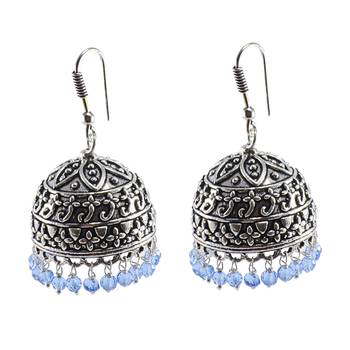 Quartz Gemstone Tribal Jewellery-Alloy Oxidized Handmade Earrings-Tanzanite Crystal Beads Ethnic Jhumka- 1