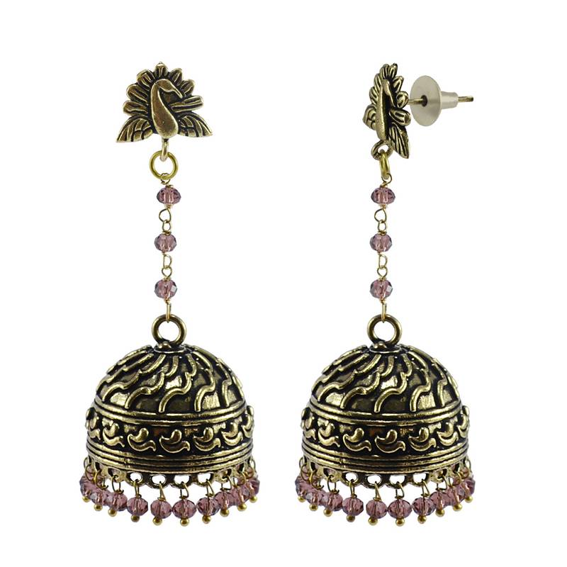 gemstone Jaipur Oxidized Gift Drop Handmde Peacock Studs Jhumkas With Amethyst Crystal Beads By