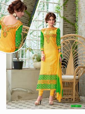 Yellow and  green glaze cotton embroidered unstitched salwar with dupatta 1
