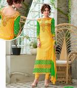Yellow and  green glaze cotton embroidered unstitched salwar with dupatta
