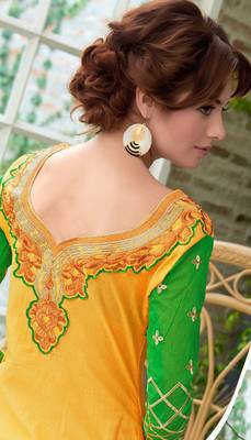Yellow and  green glaze cotton embroidered unstitched salwar with dupatta 2