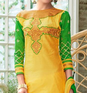 Yellow and  green glaze cotton embroidered unstitched salwar with dupatta 3
