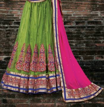 Green embroidered net unstitched lehenga 3