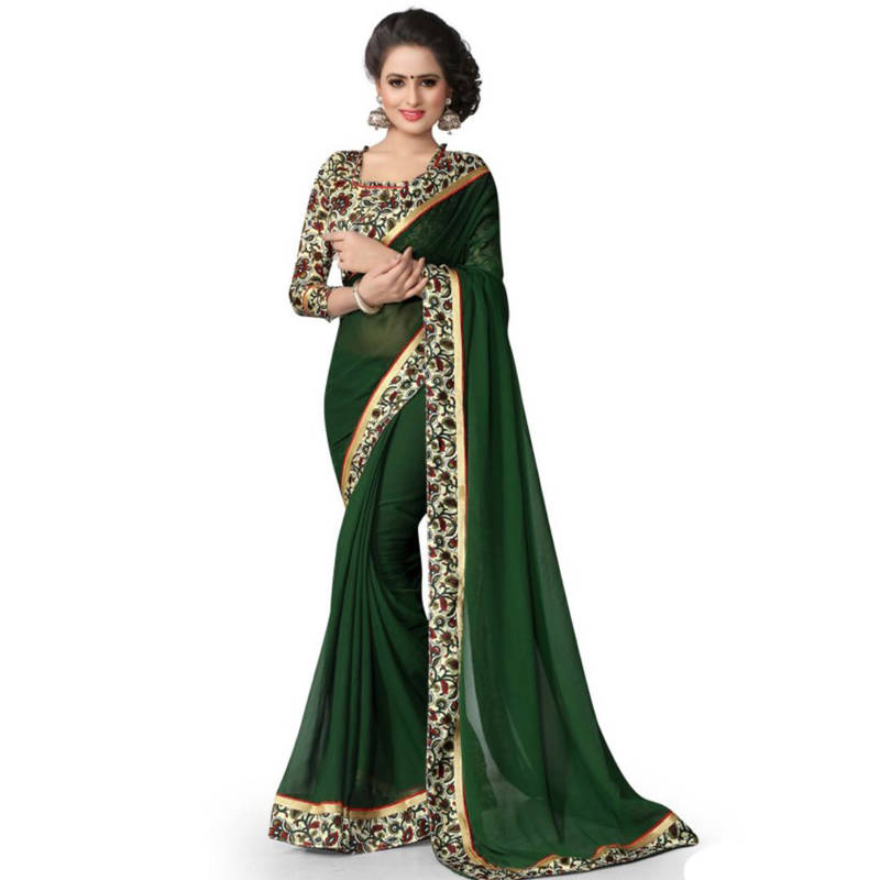 green plain georgette saree with blouse