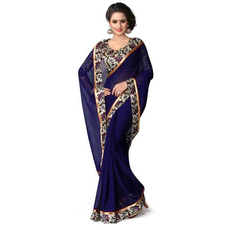 blue plain georgette saree with blouse