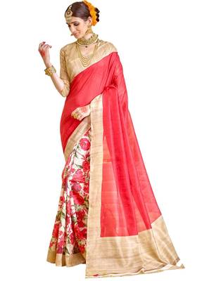 Pink and beige floral printed silk saree with blouse 1