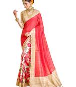 Pink and beige floral printed silk saree with blouse
