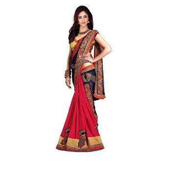 red embroidered georgette saree with blouse 1