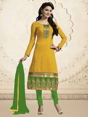 Yellow chanderi embroidered Straight Suit Dress Material 1