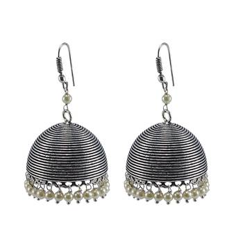 Pearl Gemstone Oxidized Handmade Jhumka Earrings-Tribal Jewellery-Jaipur Jhumki 1