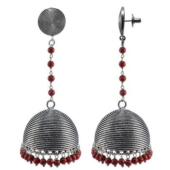 Gemstone Jaipuri Round Stud Oxidized Jhumkai-Mandmade Coral Dangle Chandelier Earring- 1