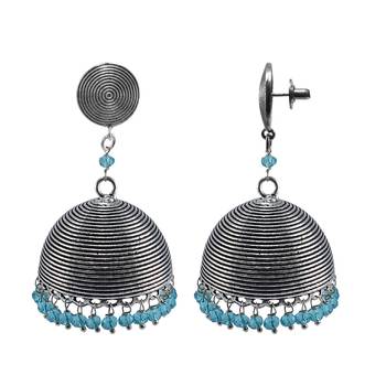 Gemstone Alloy Oxidized Handmade Earrings-Blue Topaz Crystal Beads Ethnic Round Jhumka- 1
