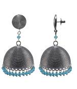 Gemstone Alloy Oxidized Handmade Earrings-Blue Topaz Crystal Beads Ethnic Round Jhumka-