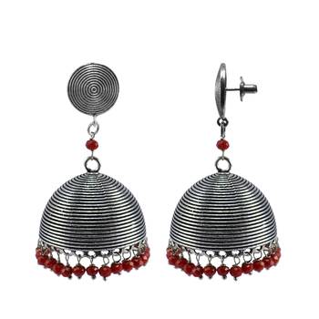 Gemstone Silvesot India 34.4 Grams Handmade Alloy Oxidized Round Jhumka Earrings With Tiny Red Crystals 1