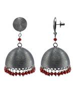 Gemstone Silvesot India 34.4 Grams Handmade Alloy Oxidized Round Jhumka Earrings With Tiny Red Crystals
