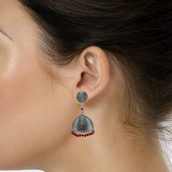 Gemstone Silvesot India 34.4 Grams Handmade Alloy Oxidized Round Jhumka Earrings With Tiny Red Crystals 2