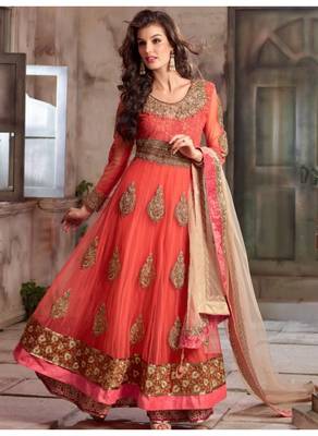 Orange net embroidered semi stitiched salwar with dupatta 1