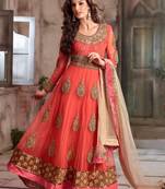 Orange net embroidered semi stitiched salwar with dupatta