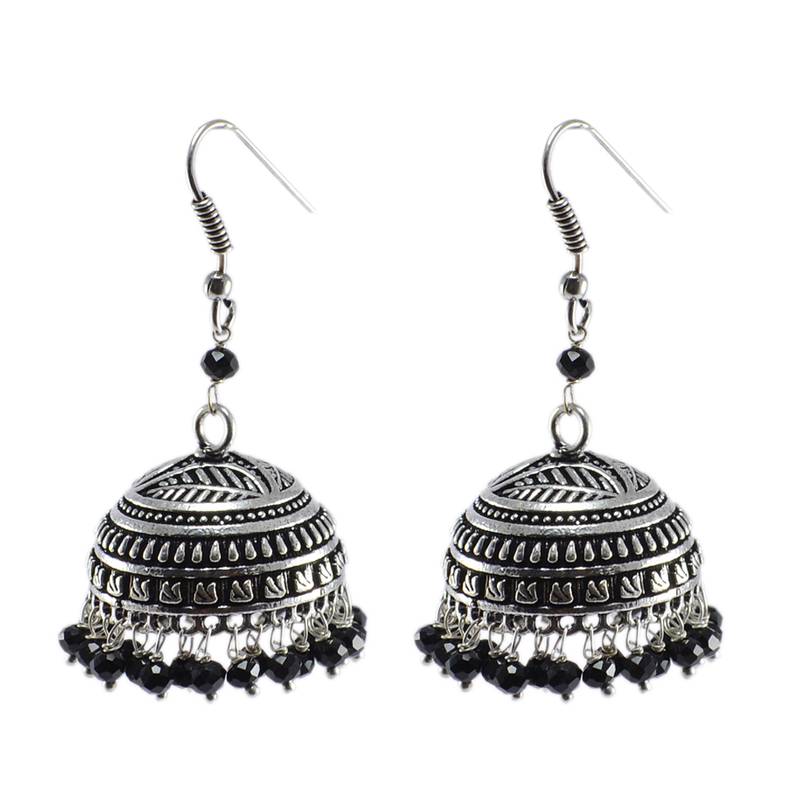 gemstone Wire Wrapped Beaded Jhumka Earrings, Urban Tribal Black