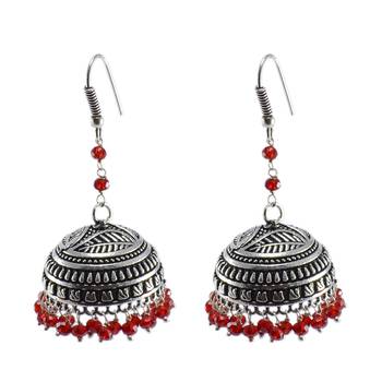 Gemstone Beautiful Ethnic Large Oxidized Jhumka With Red Crystal Beads-Handcrafted Tribal Jewelry- 1