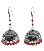 Gemstone Beautiful Ethnic Large Oxidized Jhumka With Red Crystal Beads-Handcrafted Tribal Jewelry-