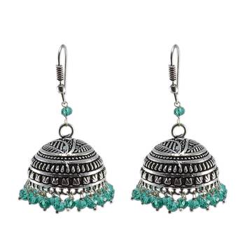 Gemstone Green Aqua Crystal Beaded Tribal Crafted Jhumki Hook Earrings 1
