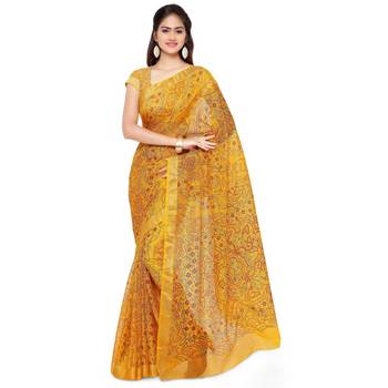Yellow printed silk saree with blouse 1